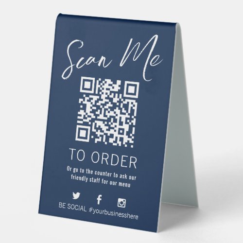 QR code scan menu table number hospitality blue Table Tent Sign