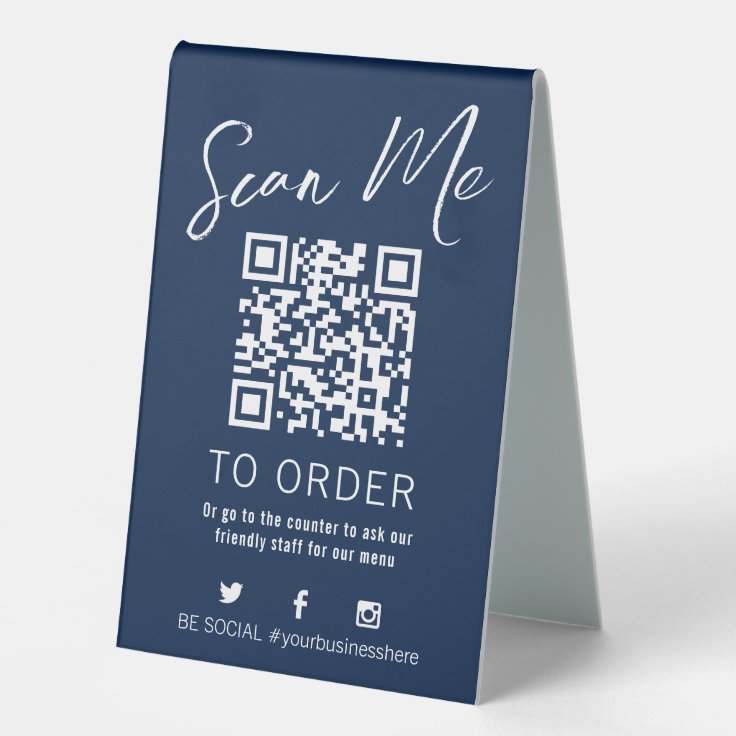 QR code scan menu table number hospitality blue Table Tent Sign | Zazzle