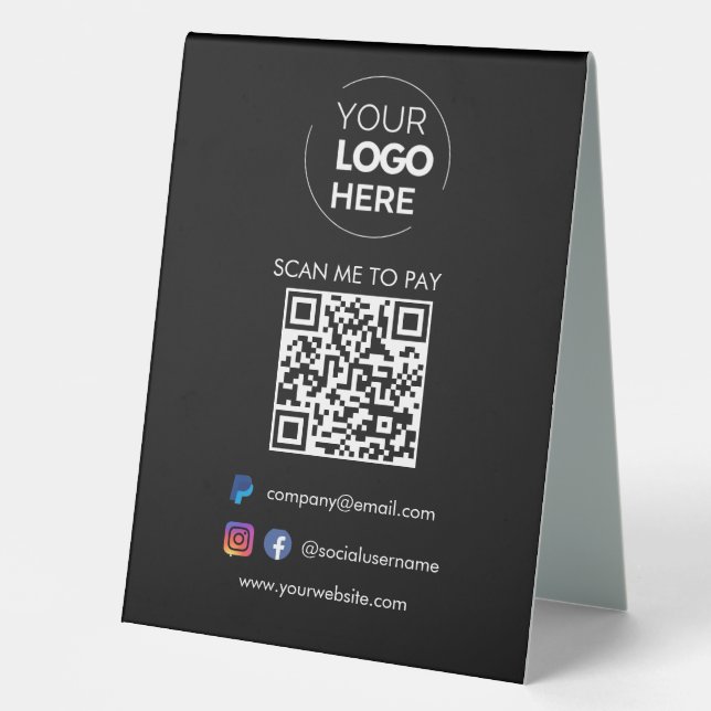 QR Code Scan to Pay | Paypal Payment Black Table Tent (Front)