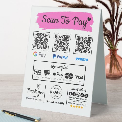 QR Code Scan to Pay Venmo Paypal Google Pay  Table Tent Sign