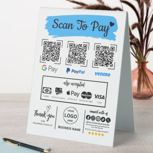 QR Code Scan to Pay Venmo Paypal Google Pay  Table Tent Sign