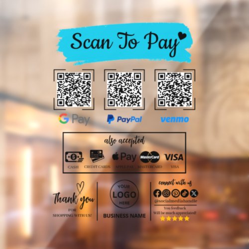 QR Code Scan to Pay Venmo Paypal Google Pay  Window Cling