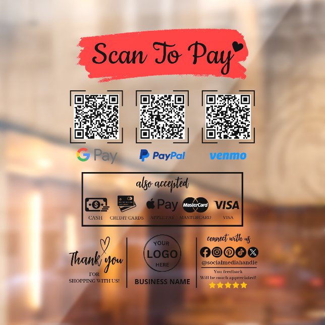 QR Code Scan to Pay Venmo Paypal Google Pay Window Cling (Sheet 2)
