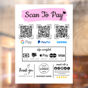 QR Code Scan to Pay Venmo Paypal Google Pay Window Cling