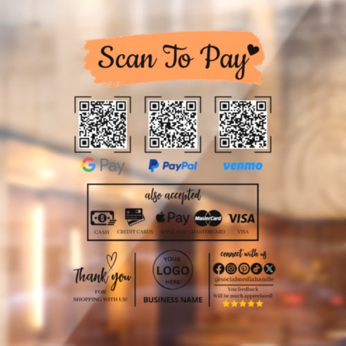 QR Code Scan to Pay Venmo Paypal Google Pay  Window Cling