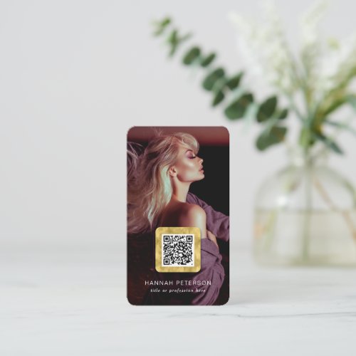 QR code scannable barcode modern trendy gold photo Business Card