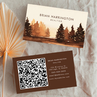 QR Code Scannable Fall Forest Outdoors Watercolor Business Card
