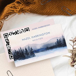 QR Code Scannable Mountains Watercolor Outdoors Business Card