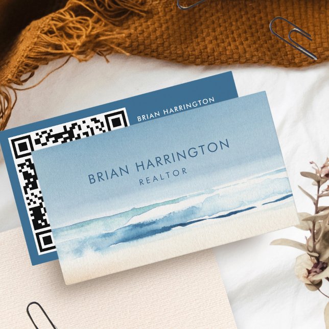 QR Code Scannable Watercolor Coastal Blue Beach Business Card (Creator Uploaded)