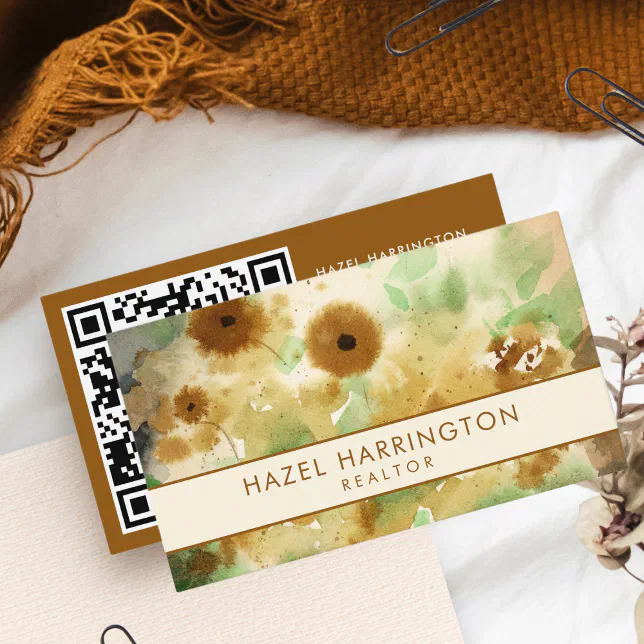 QR Code Scannable Watercolor Floral Boho Trendy Business Card | Zazzle