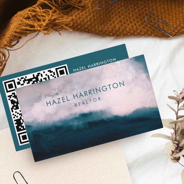 QR Code Scannable Watercolor Moody Teal Pink Business Card (Creator Uploaded)