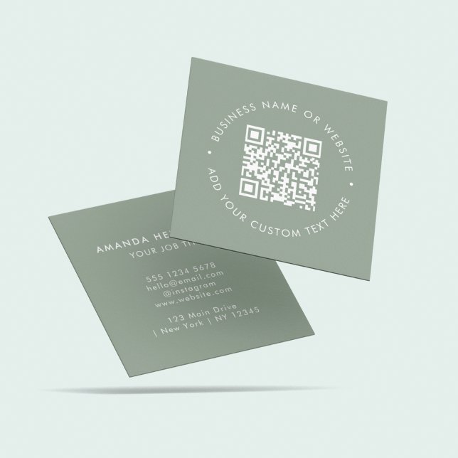 QR Code Scannable Website l Minimal Sage Green   Square Business Card (Creator Uploaded)