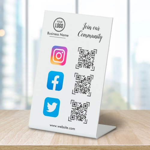 QR Code Scanner To Connect On Social Media White Pedestal Sign