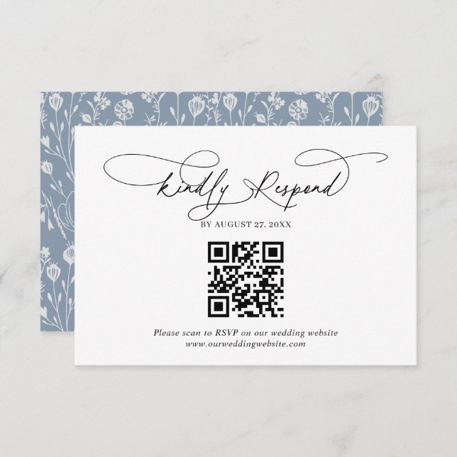 QR Code Script Floral Dusty Blue Wedding Rsvp Enclosure Card (Front/Back)