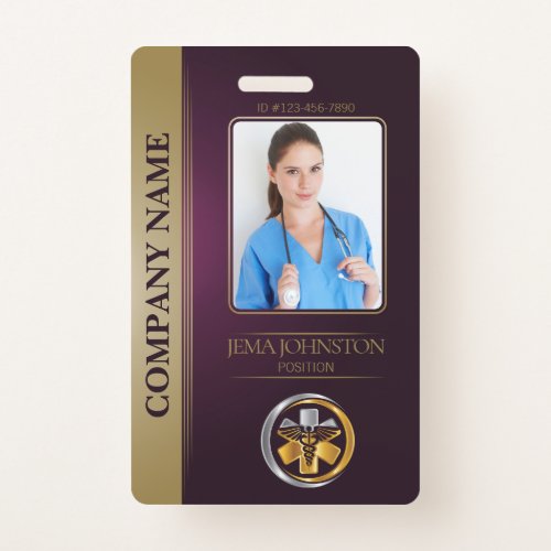 QR Code Security ID Burgundy  Gold Employee Photo Badge