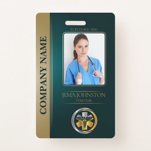 QR Code Security ID Green  Gold Employee Photo Badge