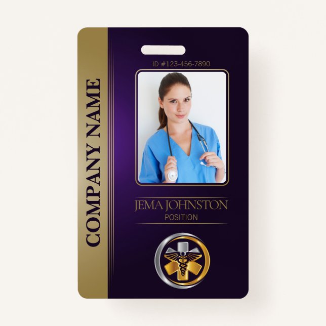 QR Code Security ID Purple & Gold Employee Photo Badge (Front)