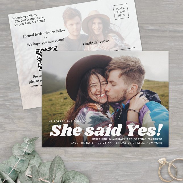 QR Code She Said Yes! Wedding Save the Date Photo Announcement Postcard (Creator Uploaded)