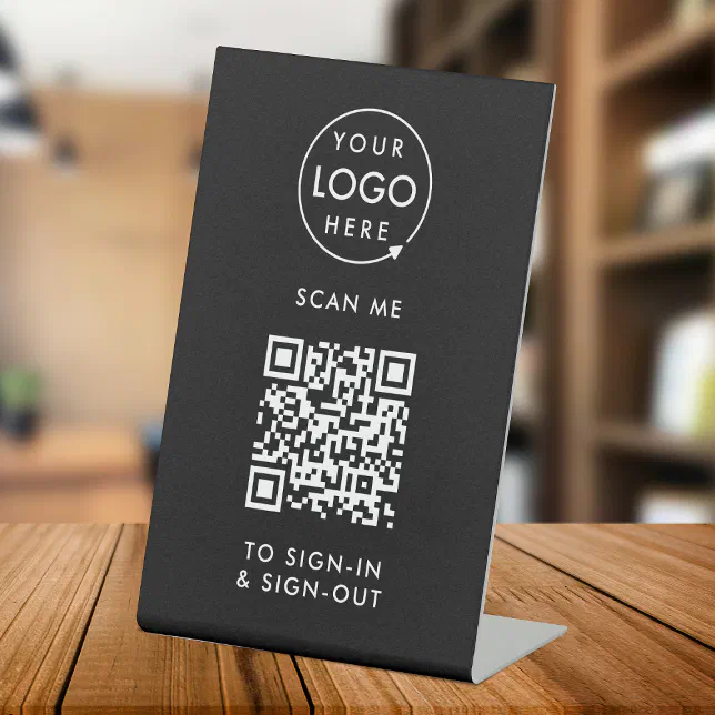 QR Code Sign-In | Black Reception Visitor Logo Pedestal Sign | Zazzle