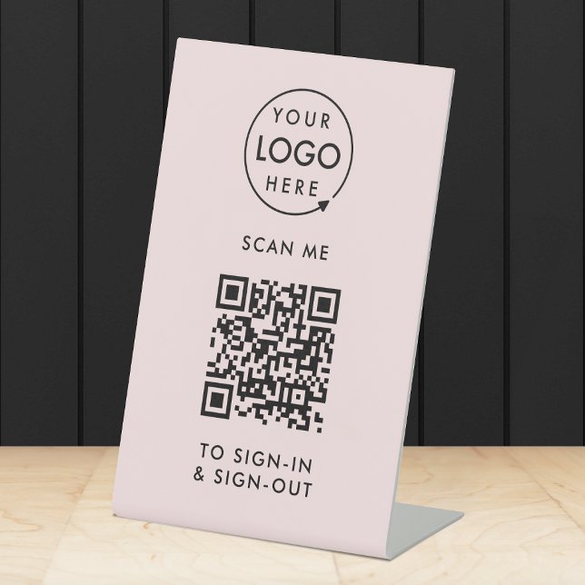 QR Code Sign-In | Pink Visitor Employee Reception Pedestal Sign (Interactive QR code sign-in  sign-out tabletop signage with your company logo.)