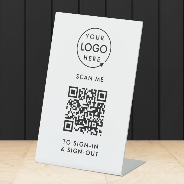 QR Code Sign-In | Visitor Employee Reception Pedestal Sign (Interactive QR code sign-in  sign-out tabletop signage with your company logo.)