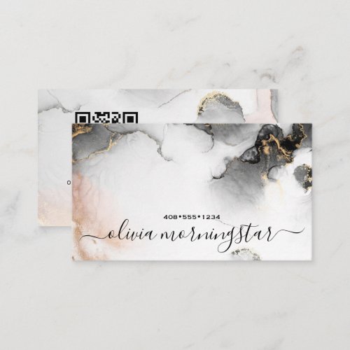 QR Code Signature Gold Black Abstract Watercolor  Business Card