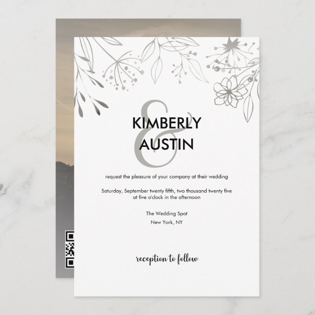 QR Code Silver Floral Wedding Invitation (Front/Back)