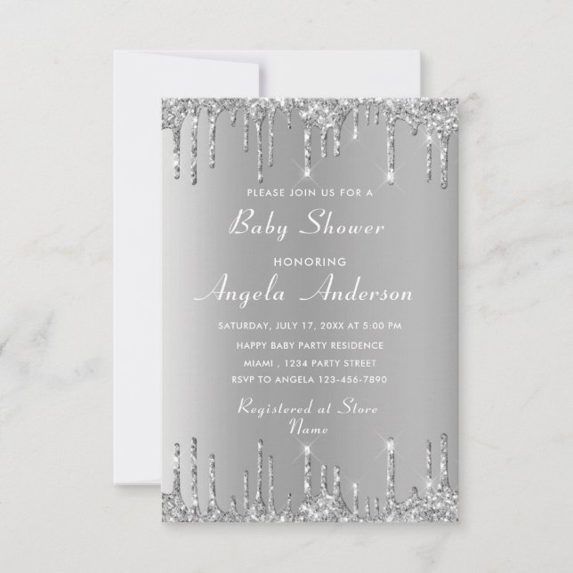 QR Code Silver Glitter Baby Girl Shower Invitation (Front)
