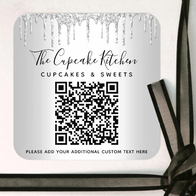 QR Code Silver Glitter Drips Business Name Modern Square Sticker (Creator Uploaded)