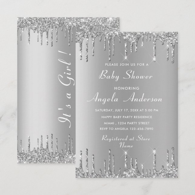 QR Code Silver Gold Baby Girl Shower Invitation (Front/Back)