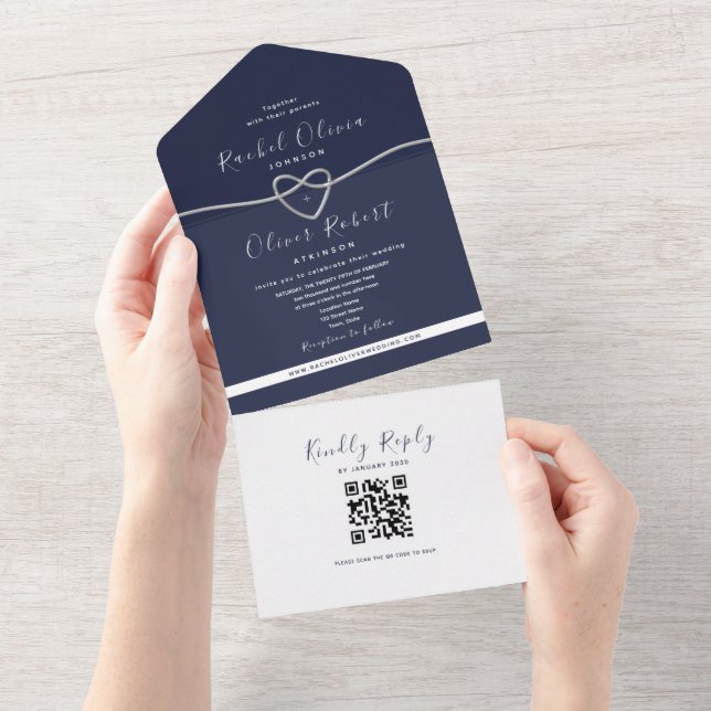 QR Code Silver Navy Blue Wedding All In One Invitation (Tearaway)