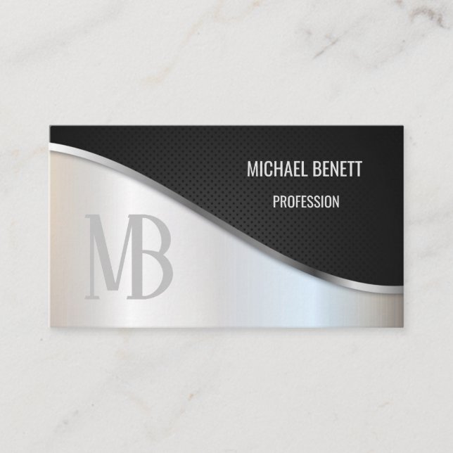 QR Code | Silver Steel Black Monogram Business Card (Front)