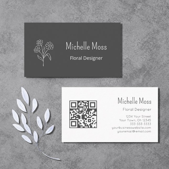 QR code Simple Daisy Floral Designer Gray   Business Card (Creator Uploaded)