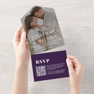 QR Code Simple Dark Orchid Purple Photo Wedding All In One Invitation