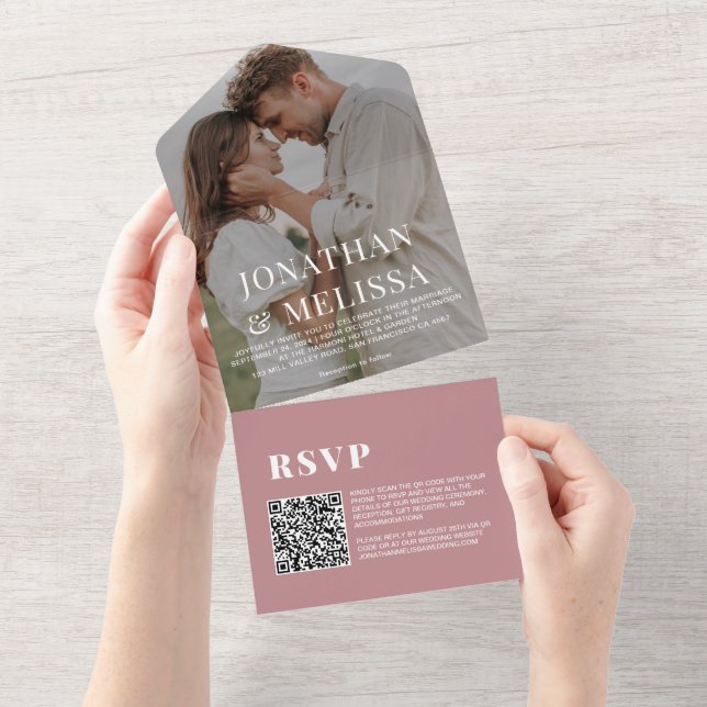 QR Code | Simple Dusty Rose Overlay Photo Wedding All In One Invitation (Tearaway)