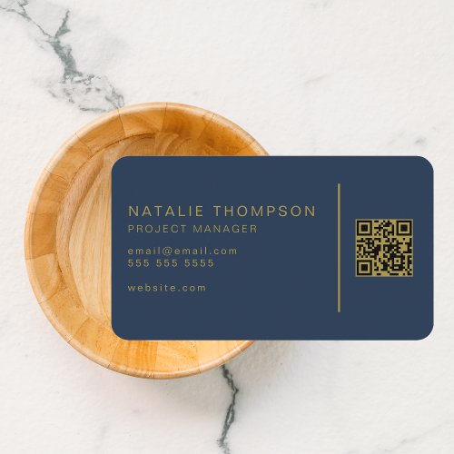 QR Code Simple Elegant Classy Navy Blue and Gold Business Card