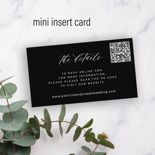 QR CODE simple elegant wedding details black Enclosure Card