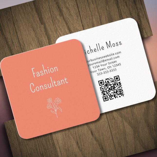 QR code Simple Flower Botanical Boho Peach Square Business Card (Creator Uploaded)