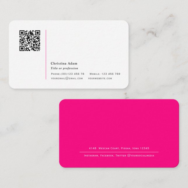 QR code Simple modern Hot Pink Professional Business Card (Front/Back)