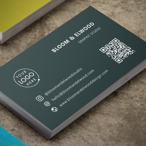 QR Code Simple Modern Minimal Green Logo Business Card