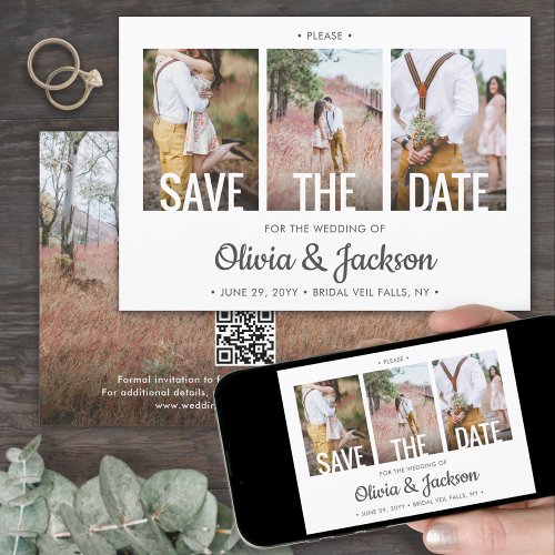 QR Code Simple Modern Typography 4 Photo Wedding Save The Date