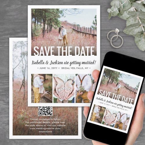 QR Code Simple Modern Typography 5 Photo Wedding Save The Date