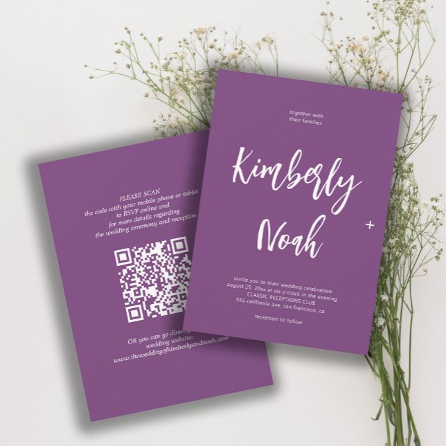 QR code simple names script purple wedding Invitation (Creator Uploaded)