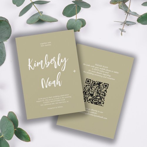 QR code simple names script sage green wedding Invitation