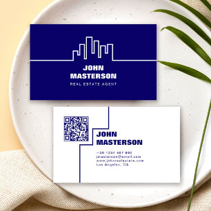QR Code Simple Royal Blue Real Estate Agent Business Card