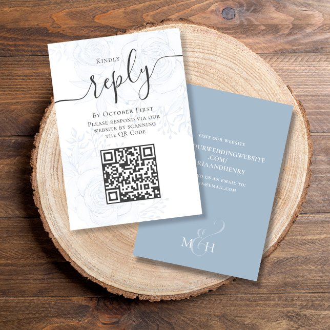 QR Code Simple RSVP Online Dusty Blue Floral  Enclosure Card (Elegant blue floral design RSVP online enclosure card with elegant blue background. )
