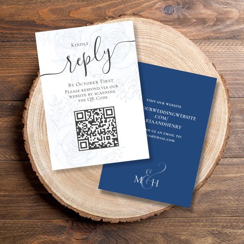QR Code Simple RSVP Online Elegant Blue Floral  Enclosure Card