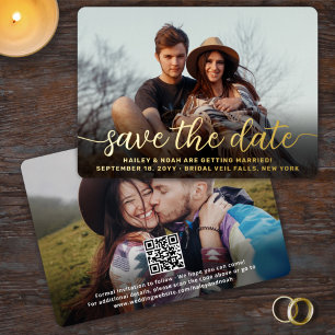 QR Code Simple Script Wedding Save the Date Photo Foil Invitation