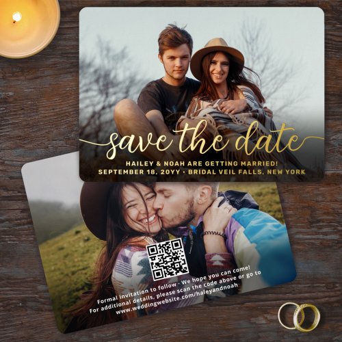 QR Code Simple Script Wedding Save the Date Photo Foil Invitation