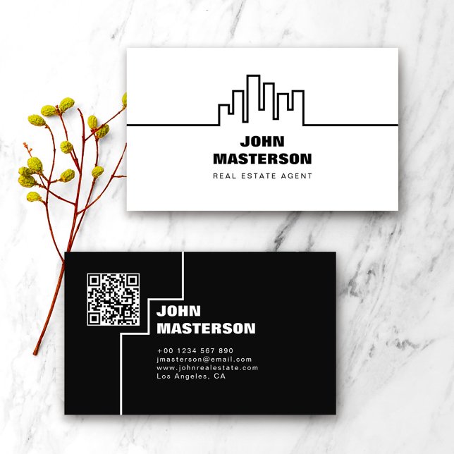 QR Code Simple White & Black Real Estate Agent Business Card (Creator Uploaded)